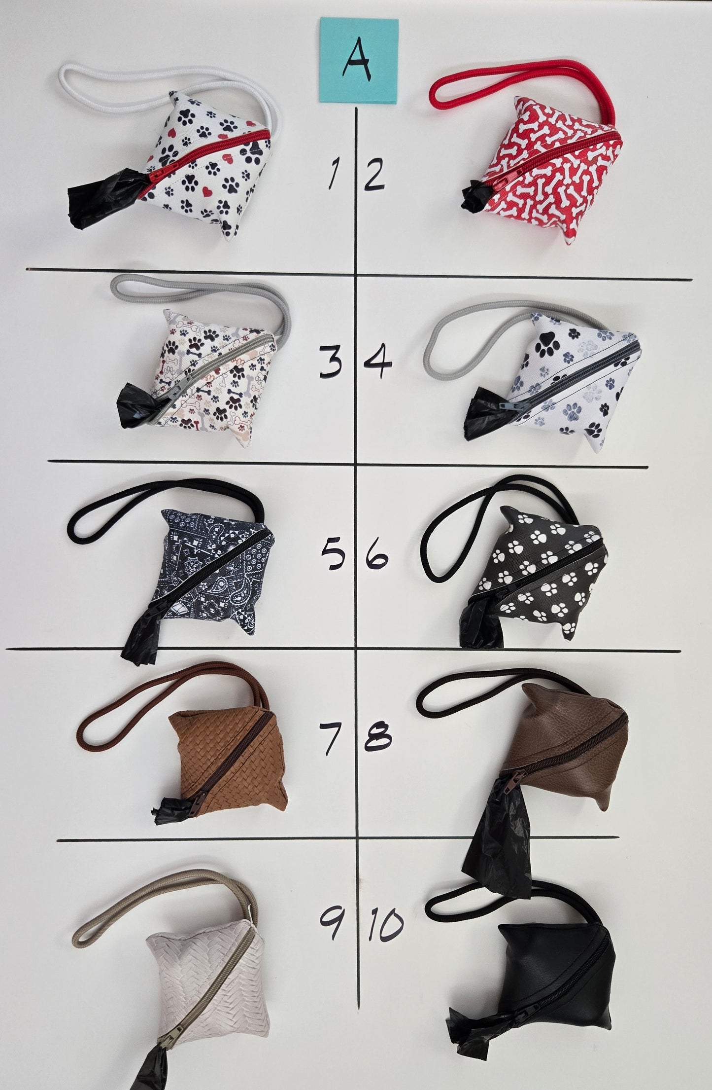 Assorted fabric pouches arranged in a grid on a white background