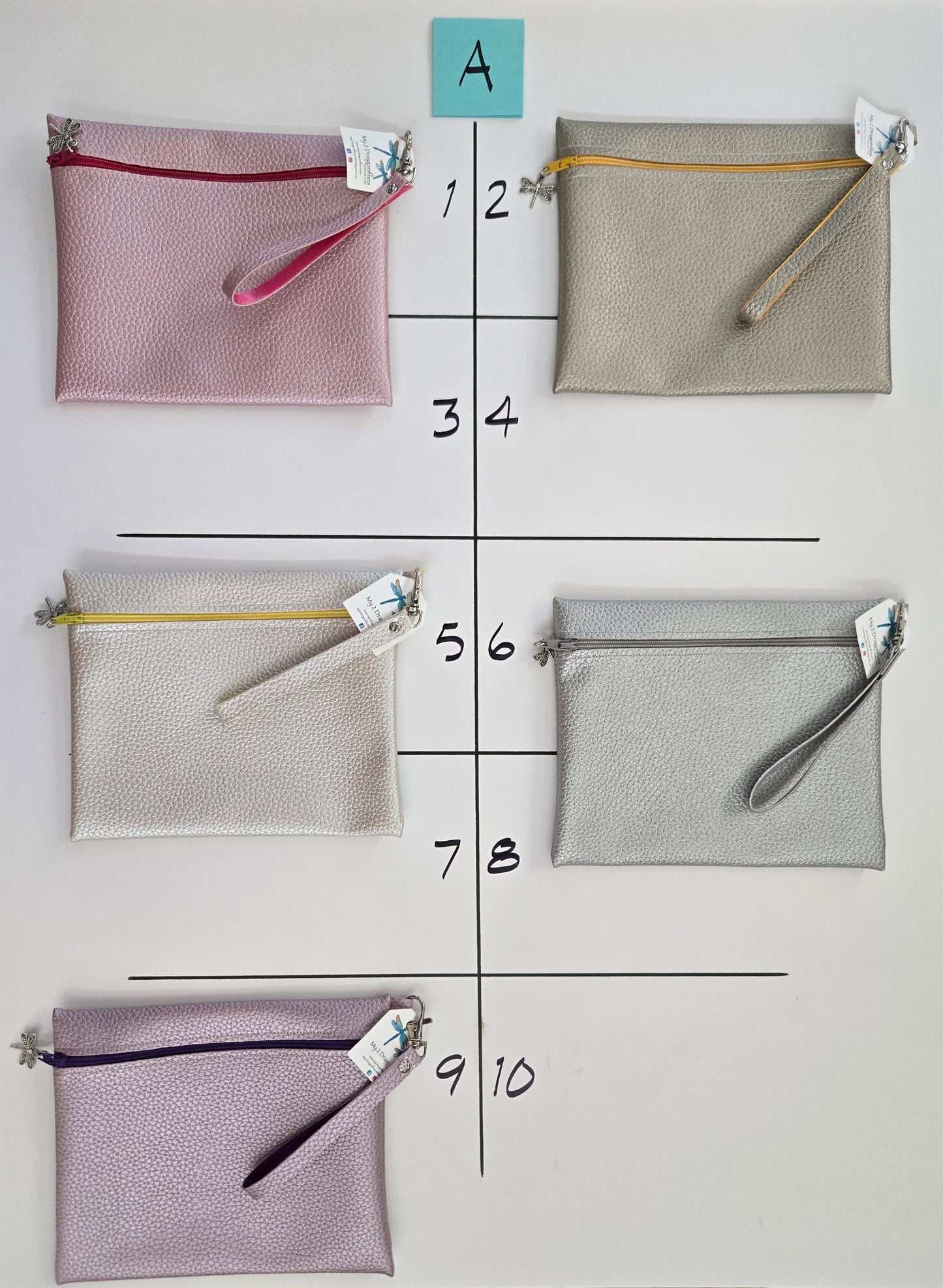Five pouches on a grid with labels on a white background