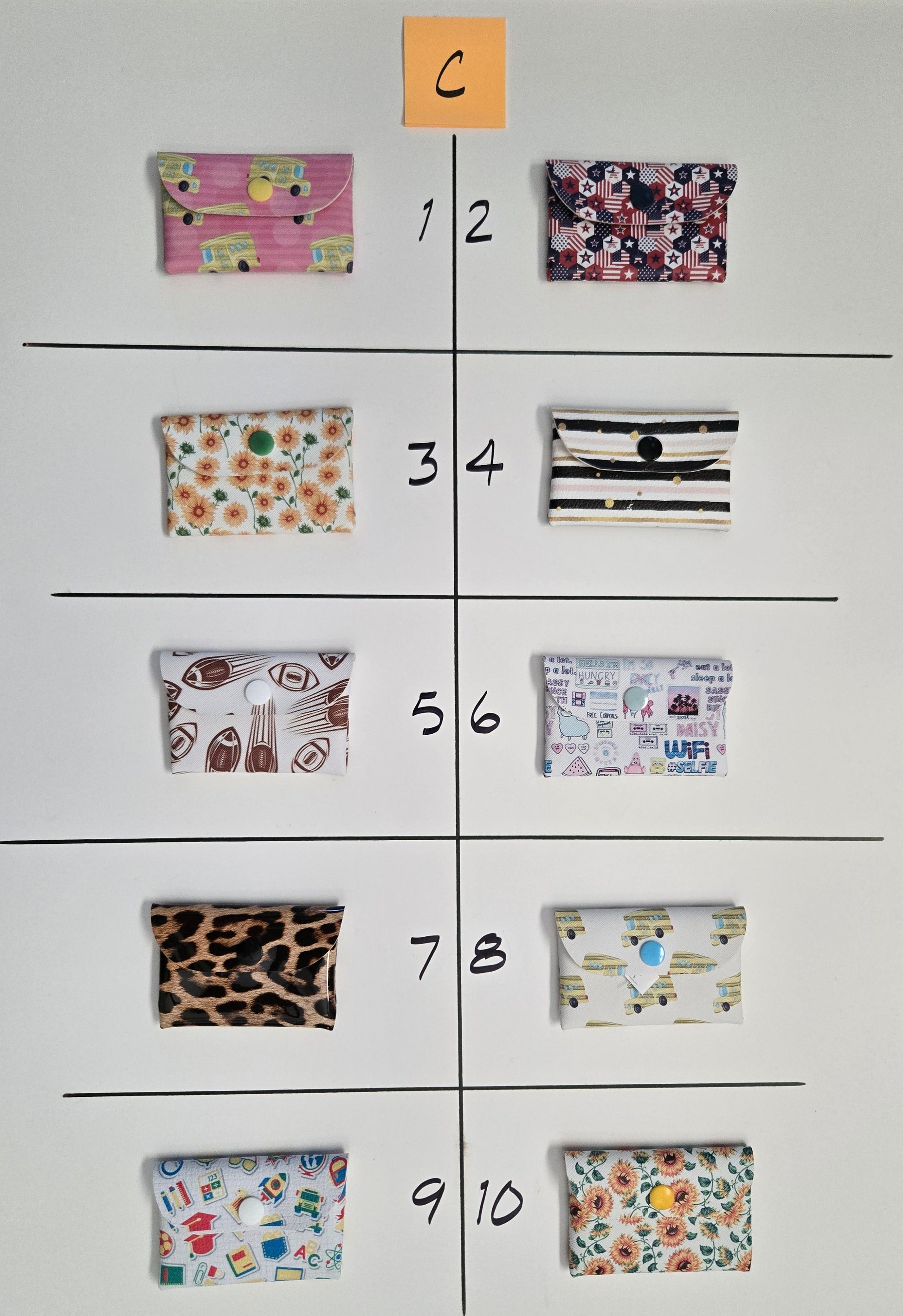 Grid of patterned pouches on a white background